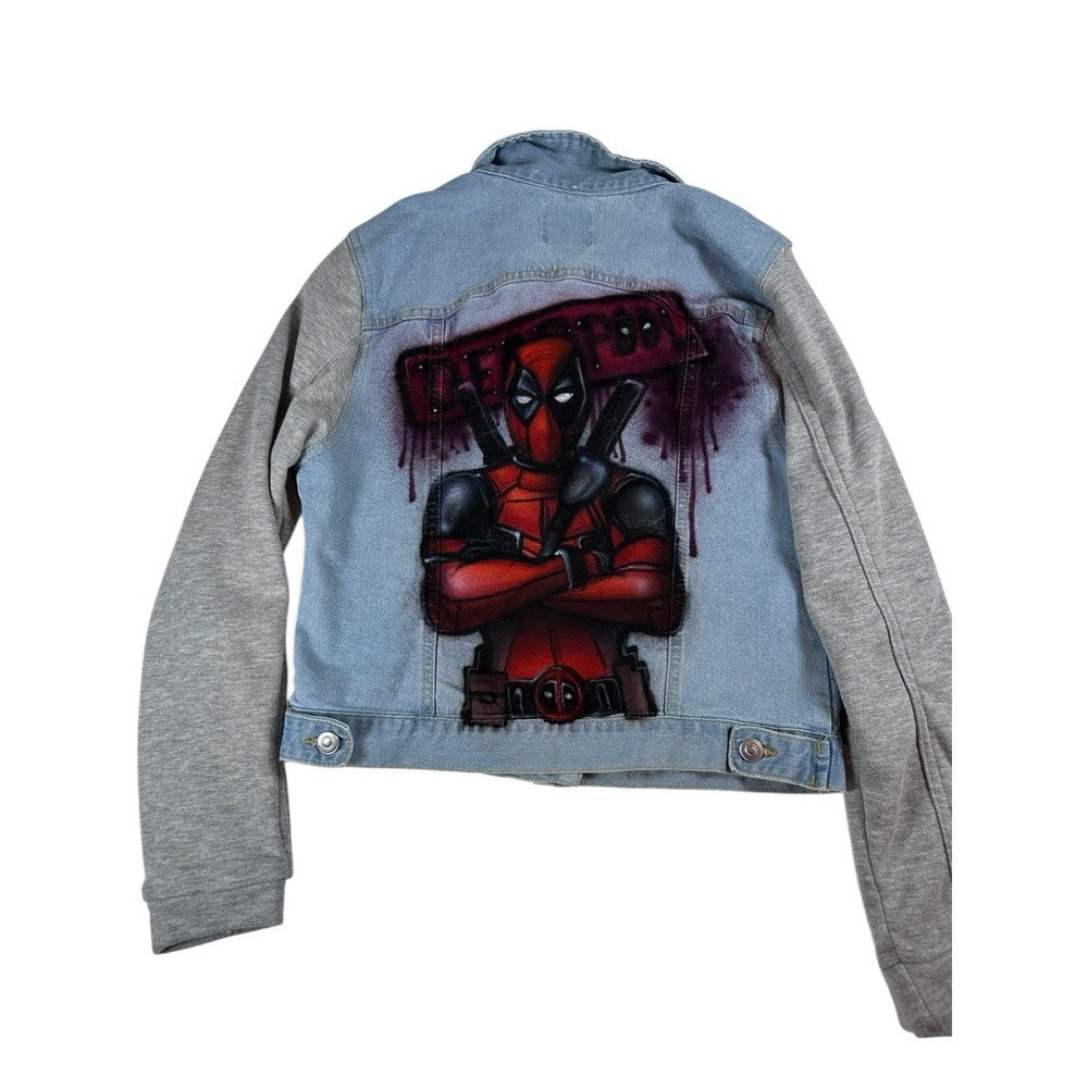 Deadpool Love Tree Denim Jean Jacket Button Front Light Wash YOUTH LARGE no hood